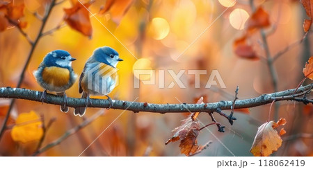 Songbird sitting at a tree branch in the autumn forest 118062419