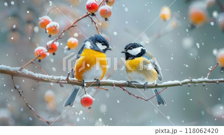 Two beautiful songbird sitting at a tree branch in the winter forest 118062420