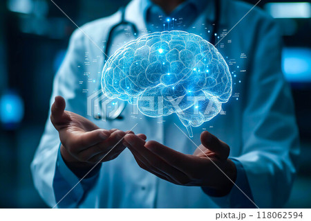 A doctor holds a holographic brain X-ray. The concept emphasizes advanced medical technology and brain health. Generative AI. 118062594