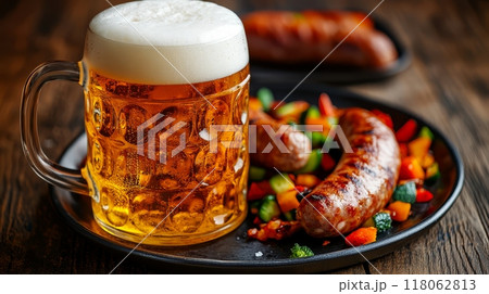 Close up of frothy beer mug on plate with sausages Close up of frothy beer mug on plate with sausages 118062813