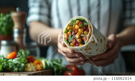 Faceless person holding freshly made burrito Faceless person holding freshly made burrito 118062814