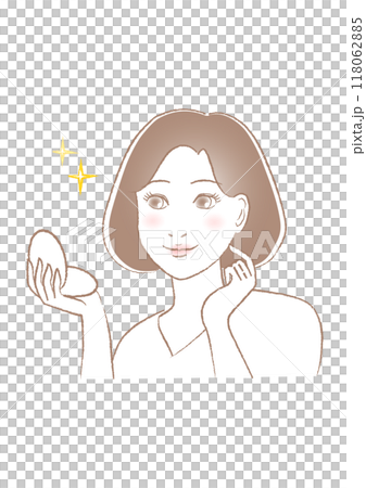 一個女人看著鏡子並對自己的美麗感到滿意的插圖 118062885