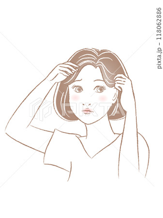 髪を触り白髪に悩む女性のイラスト 118062886