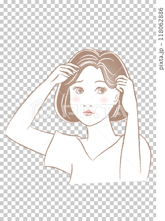 髪を触り白髪に悩む女性のイラスト 118062886