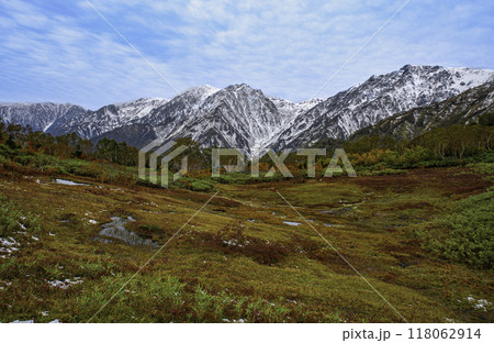 紅葉の栂池高原から望む白馬三山 118062914