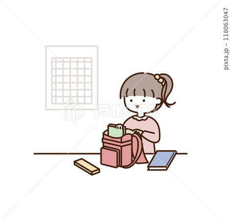 時間割を確認しながら忘れ物がないようにランドセルに持ち物を入れる  