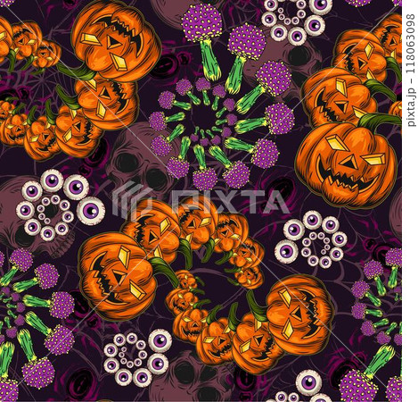 Halloween pattern with human skull, pumpkin head, fractal spirals with colorful mushroom fly agaric, eyeballs. Grunge distorted silhouette of spider web with spiders behind. Halloween pattern with human skull, pumpkin head, fractal spirals with colorful mushroom fly agaric, eyeballs. Grunge distorted silhouette of spider web with spiders behind. 118063098
