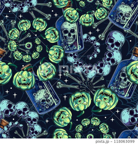 Halloween pattern with bottle with poisonous potion, fractal spirals with human skull, pumpkin head, bones. Grunge distorted silhouette of spider web behind. Vintage style. 118063099