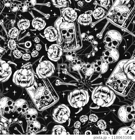 Halloween monochrome pattern with bottle with poisonous potion, fractal spirals with human skull, pumpkin head, bones. Grunge distorted silhouette of spider web behind. Vintage style. Halloween monochrome pattern with bottle with poisonous potion, fractal spirals with human skull, pumpkin head, bones. Grunge distorted silhouette of spider web behind. Vintage style. 118063108