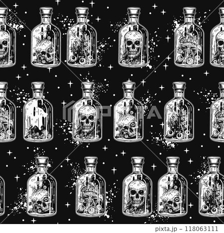 Black and white pattern with lined up bottles with potion with human skull inside, mushrooms. Halloween creepy graphics in vintage style. 118063111
