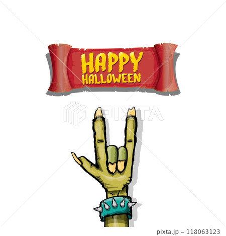 Happy halloween doodle design elements set isolated on white background. vector happy halloween greeting card with zombie hand. vector illustration 118063123