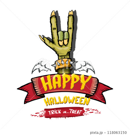 Happy halloween doodle design elements set isolated on white background. vector happy halloween greeting card with zombie hand. vector illustration 118063150