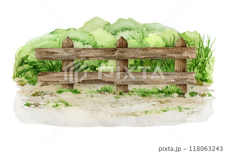 Wooden fence on the ground with grass, bushes. Watercolor vintage style illustration. Old farm, ranch, village, countryside wooden fence. Outdoors element border on the ground 118063243