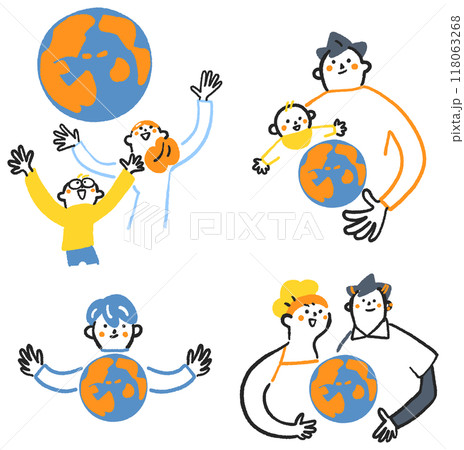 大きく手を広げ地球を抱える多様な人々　ストックイラスト素材 118063268