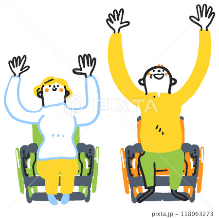 空に向かって大きく手を広げる若い女性とシニアの男性　セットのストックイラスト素材 118063273