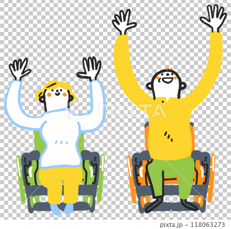 空に向かって大きく手を広げる若い女性とシニアの男性　セットのストックイラスト素材 118063273