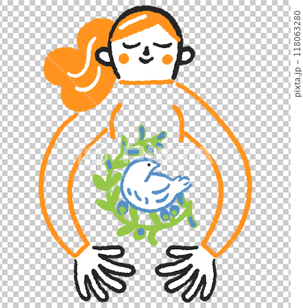 円を描く腕で鳩とオリーブの枝を抱く女性　ストックイラスト素材 118063280