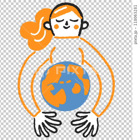 円を描く腕で地球を抱く女性　ストックイラスト素材 118063281
