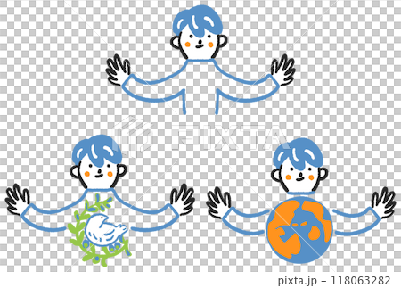 手を広げる平和を願う地球を抱く内気そうな少年　セットのストックイラスト素材 118063282