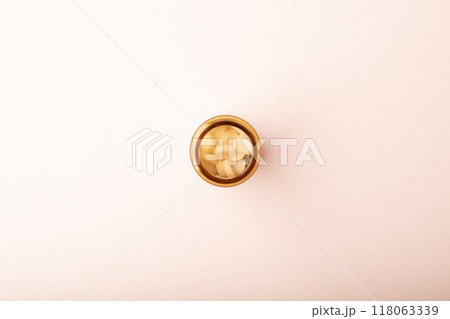 Pills. Medicines in jar on pink background top wiev. Medicine dose. Concept of medicinal treatment, vitamins, antibiotic, supplements, contraceptive pills. Womens health banner. High quality photo 118063339