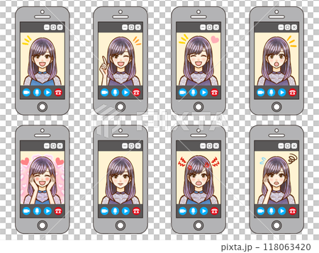 一名成年女性在智慧型手機上分發影片的插畫素材集 一名成年女性在智慧型手機上分發影片的插畫素材集 118063420