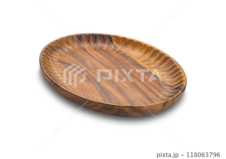 High angle view of empty wavy edge wooden tray. High angle view of empty wavy edge wooden tray. 118063796