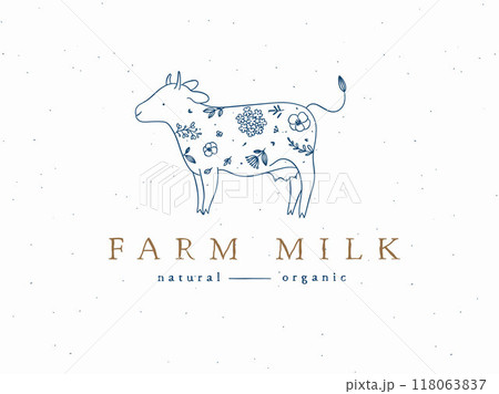 Cow with floral arrangement and inscription natural organic farm milk Cow with floral arrangement and inscription natural organic farm milk 118063837