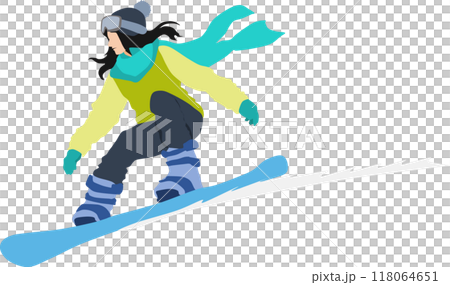 Illustration of a woman snowboarding on a snowy mountain in winter 118064651