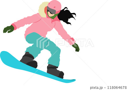 冬の雪山でスノボーする女性のイラスト 118064678