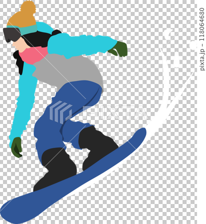 冬の雪山でスノボーする女性のイラスト 118064680