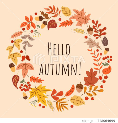 Hello Autumn lettering in foliage wreath Hello Autumn lettering in foliage wreath 118064699