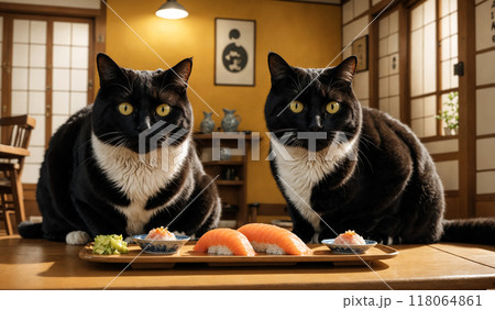 Three plump black and white cats sit on the floor posing with fresh tuna sushi served on a wooden board. Artistic illustration  118064861