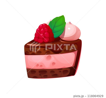 Valentine sweet cake and confectionery. Cartoon vector delectable slice of chocolate pie with pink fruity filling, topped with a fresh raspberry and a mint leaf. Dessert food, sweets, bakery treat 118064929
