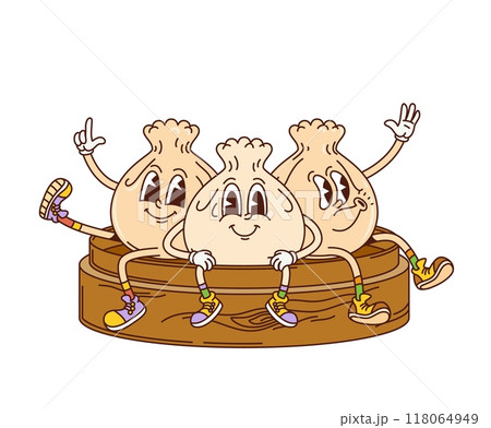 Cartoon retro groovy dim sum characters with funky funny faces, vector Asian cuisine food. Groovy dim sum dumplings with happy smile and whistling for Chinese food cartoon kawaii cheerful characters Cartoon retro groovy dim sum characters with funky funny faces, vector Asian cuisine food. Groovy dim sum dumplings with happy smile and whistling for Chinese food cartoon kawaii cheerful characters 118064949