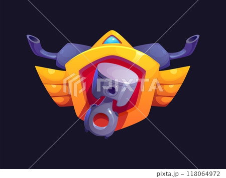 Motor and car racing rank award badge, features piston at the center, with golden wings and exhaust pipes extending outward. Cartoon vector game trophy success and recognition achievement pop up icon 118064972