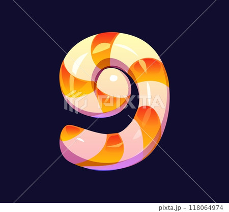 Cartoon number nine candy, confectionery alphabet, sweets typeface, lollypop font, type. Isolated vector 9 symbol resembling striped candy with yellow and orange swirls. Festive holiday children treat Cartoon number nine candy, confectionery alphabet, sweets typeface, lollypop font, type. Isolated vector 9 symbol resembling striped candy with yellow and orange swirls. Festive holiday children treat 118064974
