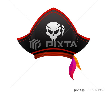 Cartoon pirate hat, corsair captain tricorn. Vector seafarer headdress with jolly roger skull. Isolated buccaneer cocked hat, headgear, sailor cap with red headband. Filibuster piracy costume part Cartoon pirate hat, corsair captain tricorn. Vector seafarer headdress with jolly roger skull. Isolated buccaneer cocked hat, headgear, sailor cap with red headband. Filibuster piracy costume part 118064982