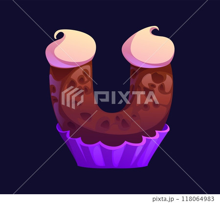Letter U cartoon candy and confectionery alphabet, sweets typeface, font, chocolate cookie type symbol Crafted from a chocolatey, candy with whipped cream toppings, sits in a purple cupcake wrapper 118064983