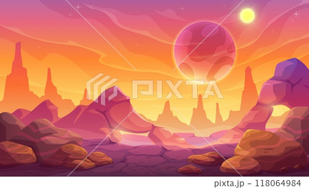 Cartoon alien space planet surface, fantastic mars red mountains landscape. Vector otherworldly background features rocky formations, and a large, mysterious planet in the sky, with a stunning sunset Cartoon alien space planet surface, fantastic mars red mountains landscape. Vector otherworldly background features rocky formations, and a large, mysterious planet in the sky, with a stunning sunset 118064984