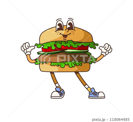 Groovy fast food burger character. Cartoon hamburger personage pointing with thumbs on itself. Isolated vector vibrant, tasty fast food burger with wide smile exudes funky 60s or 70s retro vibes Groovy fast food burger character. Cartoon hamburger personage pointing with thumbs on itself. Isolated vector vibrant, tasty fast food burger with wide smile exudes funky 60s or 70s retro vibes 118064985