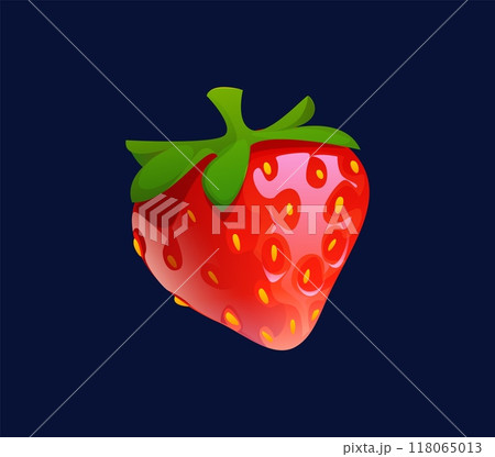 Cartoon strawberry berry fruit. Isolated vector ripe, red, juicy and plump berry with sweet, fragrant aroma, seeds dotting its glossy surface and green leafy crown. Delicious, tempting summer fruit Cartoon strawberry berry fruit. Isolated vector ripe, red, juicy and plump berry with sweet, fragrant aroma, seeds dotting its glossy surface and green leafy crown. Delicious, tempting summer fruit 118065013