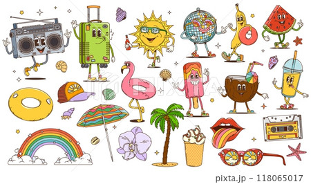 Retro cartoon groovy travel and leisure characters, vector summer vacation and beach holidays. Psychedelic hippy sun, palm, travel suitcase and sunglasses, groovy ice cream, cocktails and umbrella 118065017