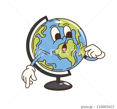 Cartoon groovy school earth globe character. Isolated vector earth planet, retro geographical map, educational item personage with surprised face, showcasing a curious and fun facial expression 118065023