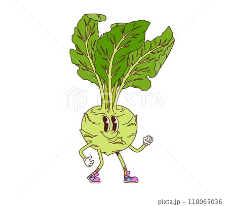 Groovy kohlrabi cabbage vegetable retro character. fun and quirky healthy vitamin food. Vector ripe veggie personage with a cheerful face, green leaves, gloves, and sneakers, striking a playful pose Groovy kohlrabi cabbage vegetable retro character. fun and quirky healthy vitamin food. Vector ripe veggie personage with a cheerful face, green leaves, gloves, and sneakers, striking a playful pose 118065036