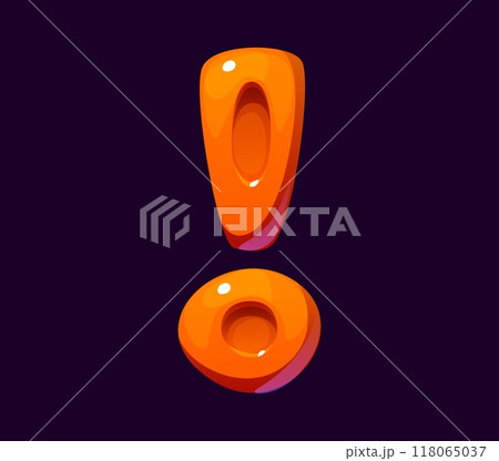 Halloween font, cartoon exclamation symbol as an orange glossy candy. Evil type, funny scary typeface, spooky alphabet punctuation symbol. Isolated vector trick or treat abc typography glyph sign 118065037