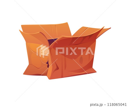 Broken, damaged and crumpled cargo cardboard box package, crushed and ripped delivery parcel, indicating rough handling, mishandling, shipping issues, packaging damage, goods transportation problems 118065041