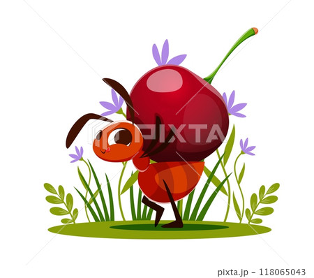 Cartoon ant carries a cherry amidst green grass and flower on a summer meadow. Cheerful cute vector ant insect carrying a large cherry on its back, showcasing a playful and colorful scene from nature Cartoon ant carries a cherry amidst green grass and flower on a summer meadow. Cheerful cute vector ant insect carrying a large cherry on its back, showcasing a playful and colorful scene from nature 118065043