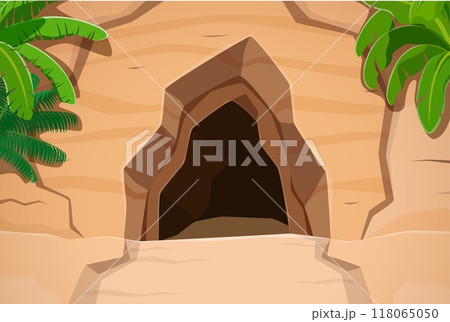 Pirate cave entrance surrounded by rocky cliffs and lush green palm leaves. Cartoon vector hole in the mountain, hidden underground tunnel or cavern, summer nature landscape, hollow game background 118065050