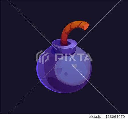 Cartoon pirate bomb with fuse. Isolated vector danger explosive weapon with a shiny, spherical body and a prominent, coiled rope fuse. Corsair comic book grenade, vintage medieval bomb game asset 118065070