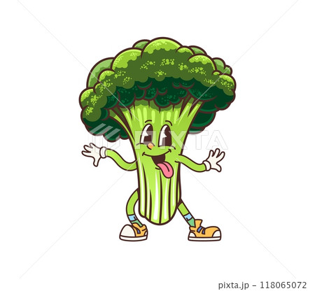 Cartoon groovy broccoli vegetable character with happy expression, sticking out its tongue. Cheerful veg personage in trendy sneakers, teasing and promoting healthy eating conveys energy and happiness 118065072